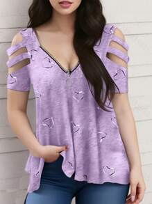 SHEIN LUNE 大尺碼女款愛心印花肩部割裂t恤 - 紫色 - 查看 3