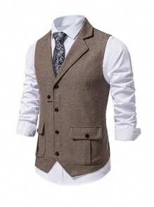 Chaleco De Traje Informal Con Bolsillo Delantero Y Botones Estilo Caballero Para Hombre Con Solapa - Café integral - Ver 3