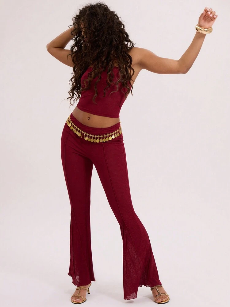 Textured Sheer Seam Fit Flare Trousers Boho Summer Cute Vacation Chic Elegant Holiday Casual