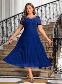 SHEIN Clasi Váy xếp ly ren trang trí ngọc trai giả cỡ lớn cho nữ, Váy dự tiệc cưới - Xanh đậm - Xem 5