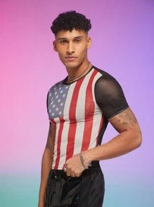 FeverCity Men Flag Print Round Neck Short Sleeve T-Shirt - Multicolor - View 3