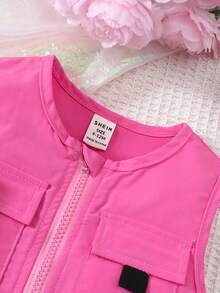 Conjunto de camiseta de tirantes, falda plisada y chaqueta tipo chaleco con estampado de coches y letras para bebé niña - Rosa - Ver 5
