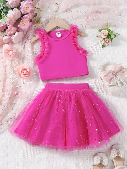 SHEIN Glamorique Kids Set med 2 ärmlösa linnen och kjolar för ung flicka, fest/bröllop