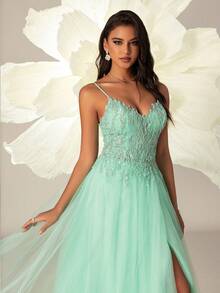 VIPGIRL Spaghetti Strap Mesh Elegant Ladies Thigh High Slit Evening Gown Dress - Green - View 6