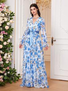 Women's Arab Style Long Floral Print Overlapping V-Neck Bell Sleeve Dress, Spring/Summer - Blue - View 4