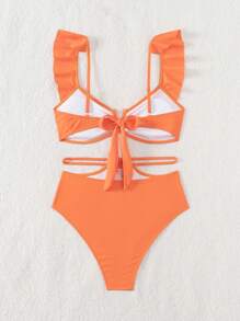 SHEIN Swim Summer Beach Solid Ruffle Trim Bikini Set Bathing Suit - Orange - View 5