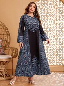 Al Najma 大尺碼女士幾何印花開口V領長袖寬鬆阿拉伯服裝 - 彩色 - 查看 1