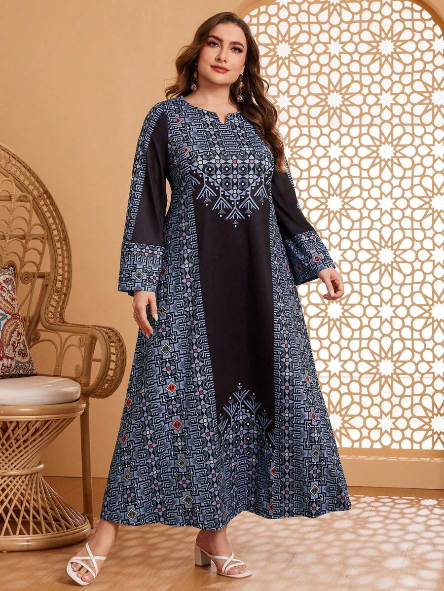 Al Najma 大尺碼女士幾何印花開口V領長袖寬鬆阿拉伯服裝 - 彩色 - 查看 1