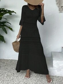 Floral V-Neck Midi Dress, Casual Cover-Up For Vacation, Women, Spring Summer, With Ruffled Sleeves And Hollow-Out Design (Floral Print Random)