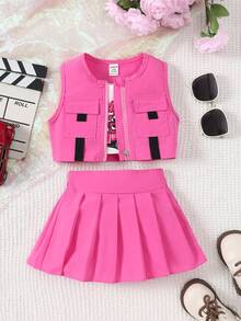 Conjunto de camiseta de tirantes, falda plisada y chaqueta tipo chaleco con estampado de coches y letras para bebé niña - Rosa - Ver 3