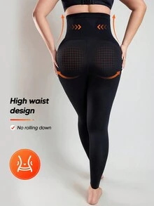 Leggings longas de malha de suporte para maternidade, cor sólida, cintura elástica, casual, forradas com lã, calças pretas com barriga expansível, para o inverno - Preto - Ver 2
