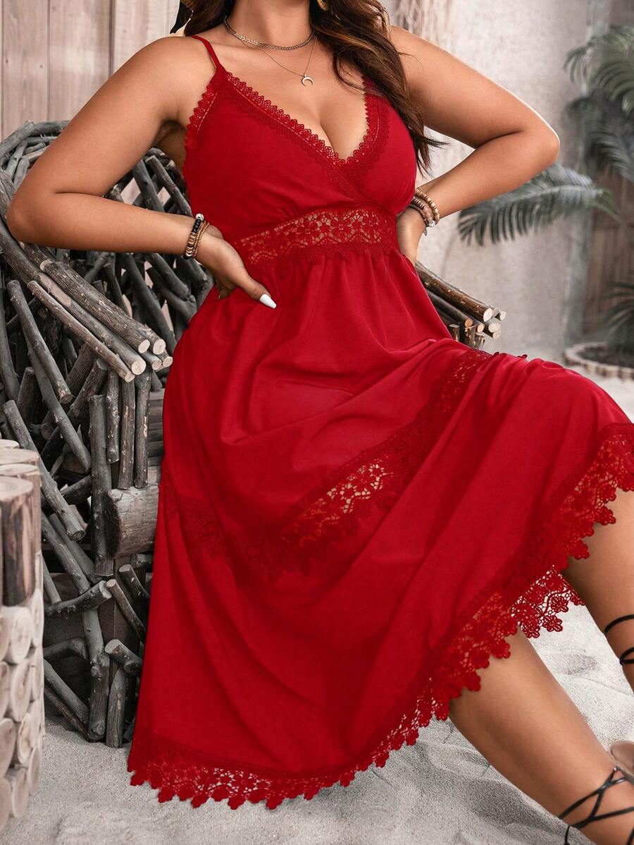 SHEIN Clasi Plus-Size Lace Splice Fashionable Daily Wear Spring Summer Cami Dress - Red - View 1