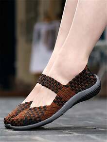 新款女士休闲时尚运动鞋，透气手工编织妈妈鞋，弹力面料鞋，低帮女鞋 - 棕色 - 查看 3