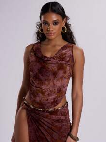 MUSERA Sexy Allover Print Cowl Neck Ruched Curved Hem Tank Top Summer Ibiza Festival Carnival - Multicolor - View 3