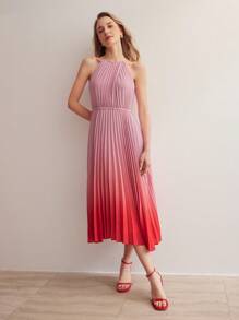 MOTF PREMIUM VESTIDO DE CUELLO HALTER PLEGADO CON ESTAMPADO DE DEGRADADO - Rosa - Ver 9