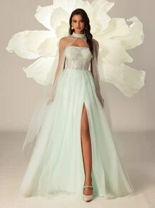 Ladies Elegant Choker Style Sheer Mesh Slit Hem Evening Gown