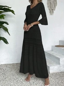Floral V-Neck Midi Dress, Casual Cover-Up For Vacation, Women, Spring Summer, With Ruffled Sleeves And Hollow-Out Design (Floral Print Random)