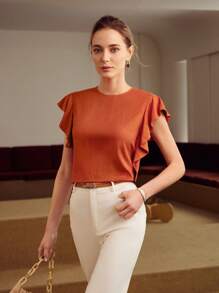 MOTF PREMIUM Chất rắn Lỗ tay Ruffle Dây kéo phía sau Áo sơ mi - trái cam - Xem 4