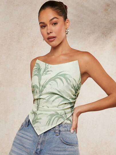 L'Amorae Leaf Print Ruched Strapless Top For Summer Vacation