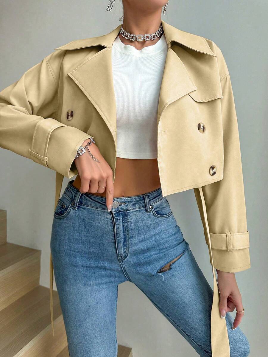 Chiquease Double Breasted Drop Shoulder Crop Trench Coat - Khaki - View 1