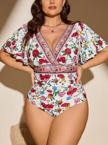 Swim Lushoire Plus Size Summer Beach Vacation Style Floral Printed Ruffled Short Sleeve One-Piece Swimsuit