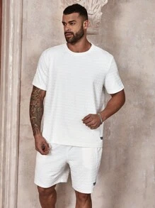 Manfinity Homme Men Plus Size Solid Textured Short Sleeve T-Shirt And Shorts Set, Summer