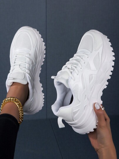 Herbst/Winter Sportliche Plateau-Sneaker für Damen, Minimalistische Schnürsneaker in Weiß mit Farbblöcken, Lederobermaterial, leichte und atmungsaktive Sportschuhe für Damen, bequeme Lässig-Schuhe für Damen