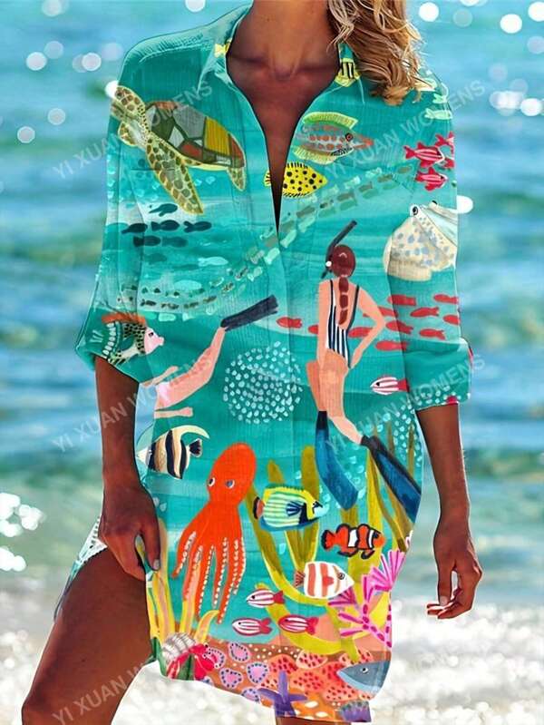 Chemise-manteau imprimée pour femmes de grande taille pour le printemps/été, chemise de plage pour vacances