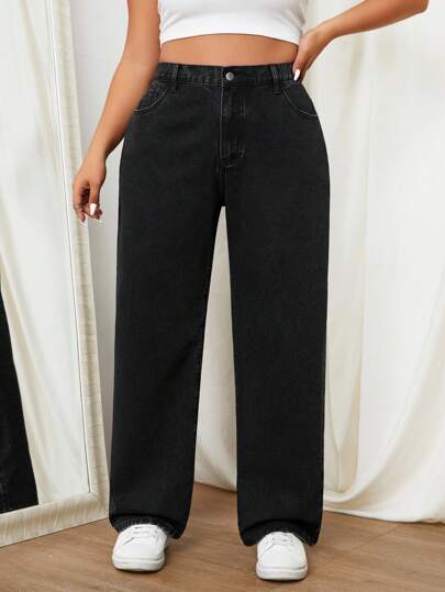 SHEIN EZwear 女性鬆身實色簡約牛仔褲，適合日常穿著，大尺碼