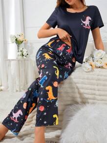 Women Standard Size Cartoon Dinosaur Pattern Pajamas Set Clothes - Multicolor - View 6