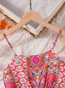 Vintage Pattern Tween Girl Hollow Out Waist Sleeveless Dress For Summer Vacation - Red - View 3