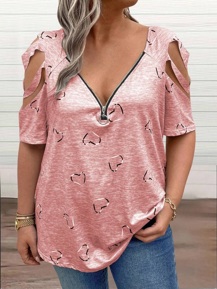 Plus Size Women's Off-Shoulder T-Shirt With Heart Pattern