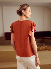 MOTF PREMIUM Chất rắn Lỗ tay Ruffle Dây kéo phía sau Áo sơ mi - trái cam - Xem 3