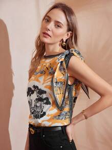 MOTF PREMIUM 斑馬和植物圖案打結裝飾蝙蝠袖襯衫 - 彩色 - 查看 9