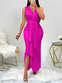 AIJ Amarilo Women's Fashion Sleeveless Pleated Asymmetric Hem Satin Wrap Dress, Summer - Hot Pink - View 3