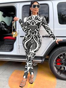 BamGleam Women Printed Unitards Jumpsuit (Positioning Printing) For Summer - Black and White - View 6