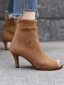 棕色弹性绒面革踝靴女式时尚露趾短靴 - 棕色 - 查看 2