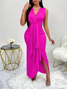 AIJ Amarilo Women's Fashion Sleeveless Pleated Asymmetric Hem Satin Wrap Dress, Summer - Hot Pink - View 4