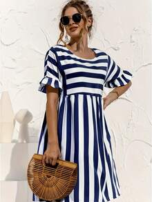 Women Summer Loose Fit Casual Dress With Colorblock Stripes, Elegant Modest Graphic Tees