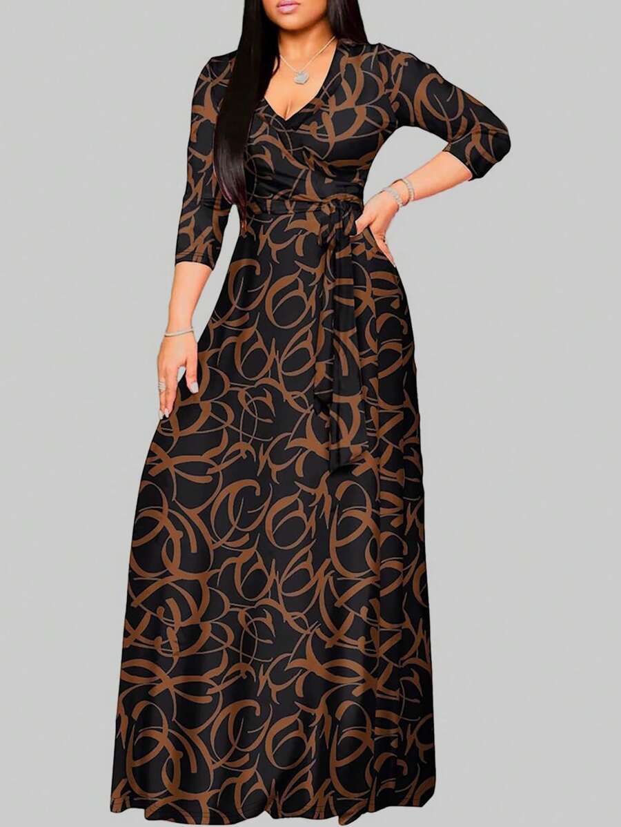 Women's V-Neck Cinched Waist Dress, Short Sleeve, Spring/Summer 2026 Elegant