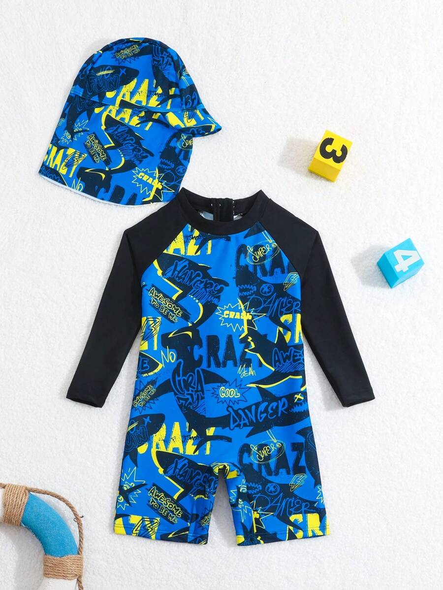 Baby Boy Swimwear OnePiece Swimsuit With Random Print (Includes Hat) SHEIN USA
