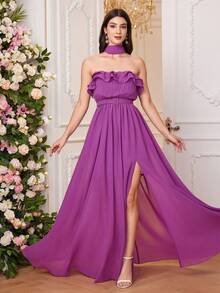 Women's Solid Color Splice Double Layered Dress With Ruffle Hem, Pleats, Side Slits, Halter Neck Design, Elegant Bridesmaid Dress - Purple - View 5