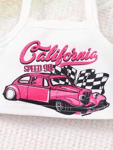 Conjunto de camiseta de tirantes, falda plisada y chaqueta tipo chaleco con estampado de coches y letras para bebé niña - Rosa - Ver 4