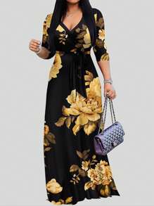 女士多色拼接连衣裙，深V领和收腰设计，优雅大方，适合外出就餐、购物等各种场合。 - 彩色 - 查看 1