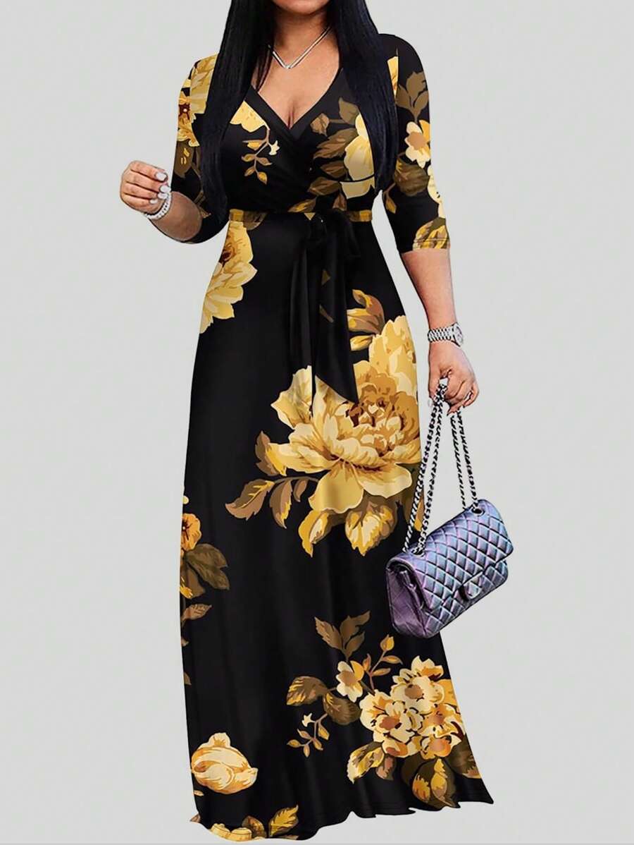 女士多色拼接连衣裙，深V领和收腰设计，优雅大方，适合外出就餐、购物等各种场合。 - 彩色 - 查看 1