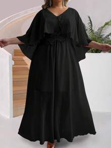 SHEIN Unity Vestido de talla grande unicolor con dobladillo con volantes para uso diario informal - Negro - Ver 3