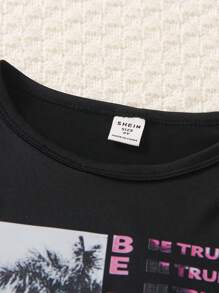 SHEIN Young Girl Summer Casual Short Sleeve T-Shirt With Graphic Print And Distressed Denim Shorts Outfit Set, School, Campus, College