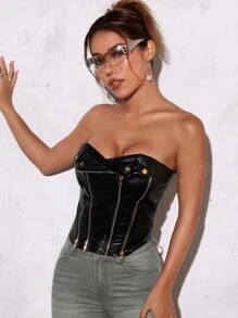 Hauture PU Leather Zip Detail Fashion Tube Top - Black - View 3