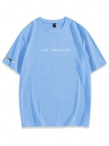 Manfinity Homme Men's Short Sleeve T-Shirt With Letter Print And Round Neck - Dusty Blue - View 2