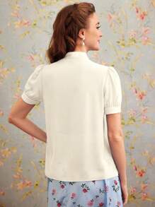 Vintamour 女士蝴蝶结领口短款泡泡袖衬衫夏季衣服老款美学 - 杏色 - 查看 2